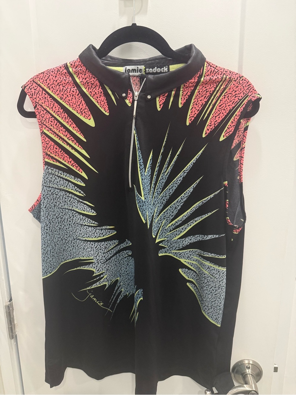 jamie sadock Black Sleeveless Zip Polo with Neon Pink and Lime Burst